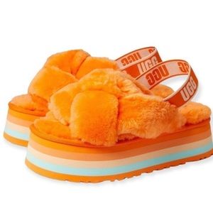UGG disco platform Mandarin Orange 9 sandal slipper lamb fur